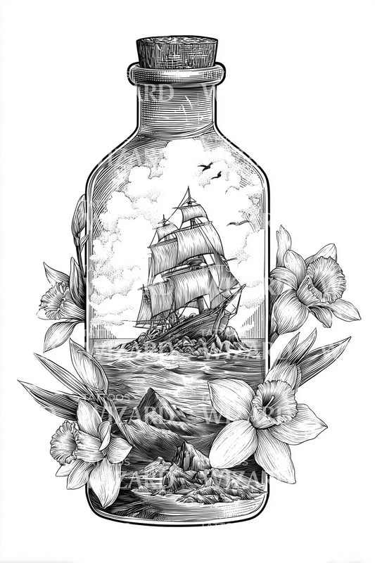 Diseño de tatuaje de barco monocromo con flor