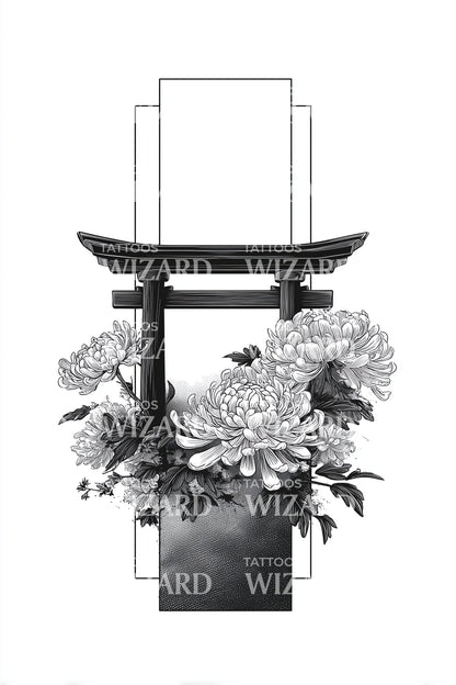 Diseño de tatuaje de peonía Torii monocromo