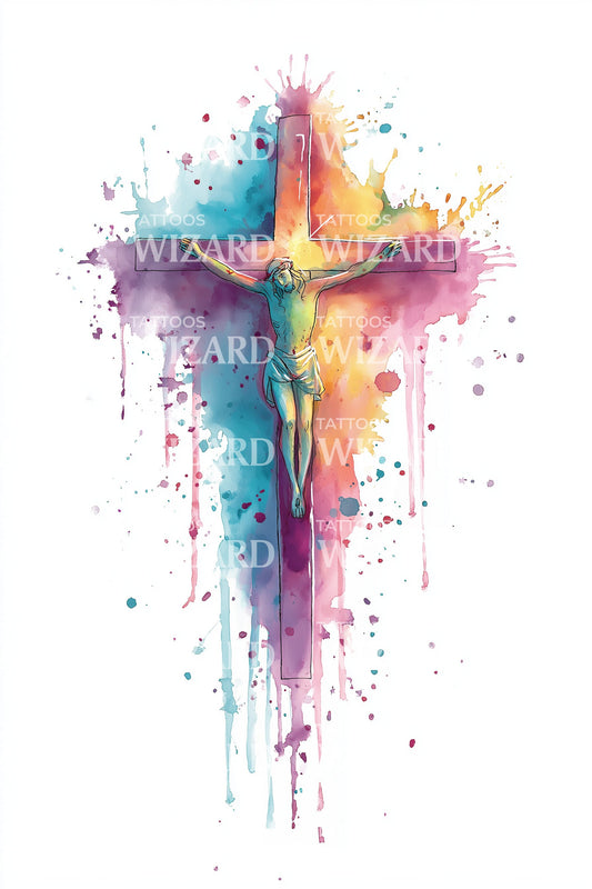 Monochrome Wave Cross Tattoo Design