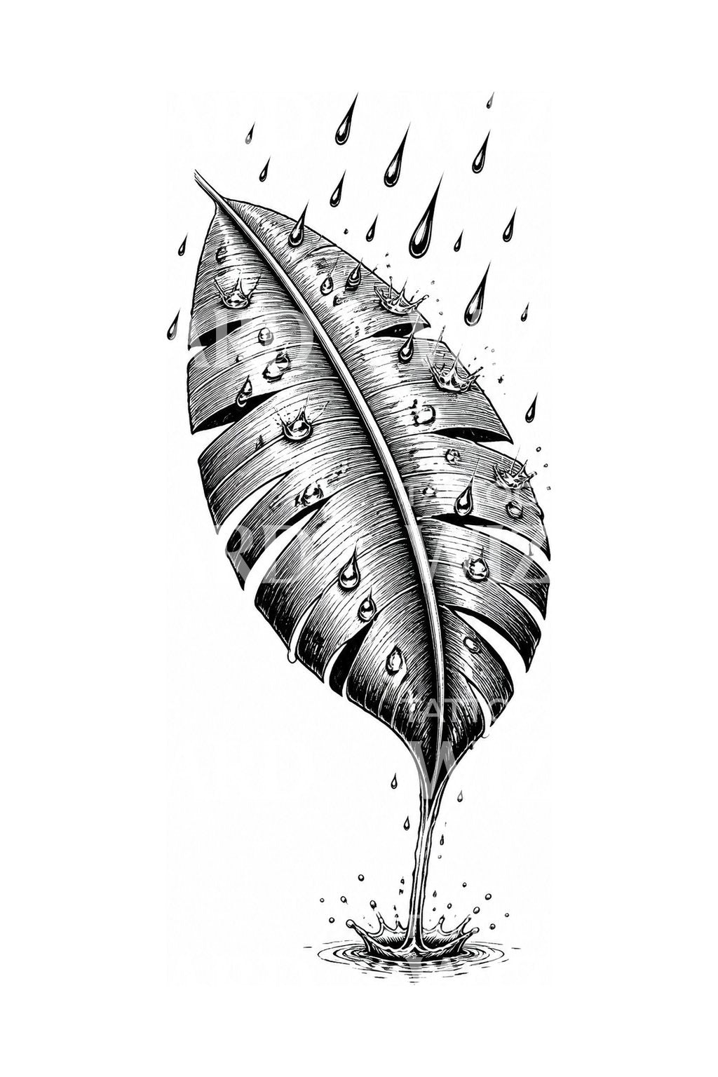 Design de tatouage de pluie de mousson sur feuille de bananier
