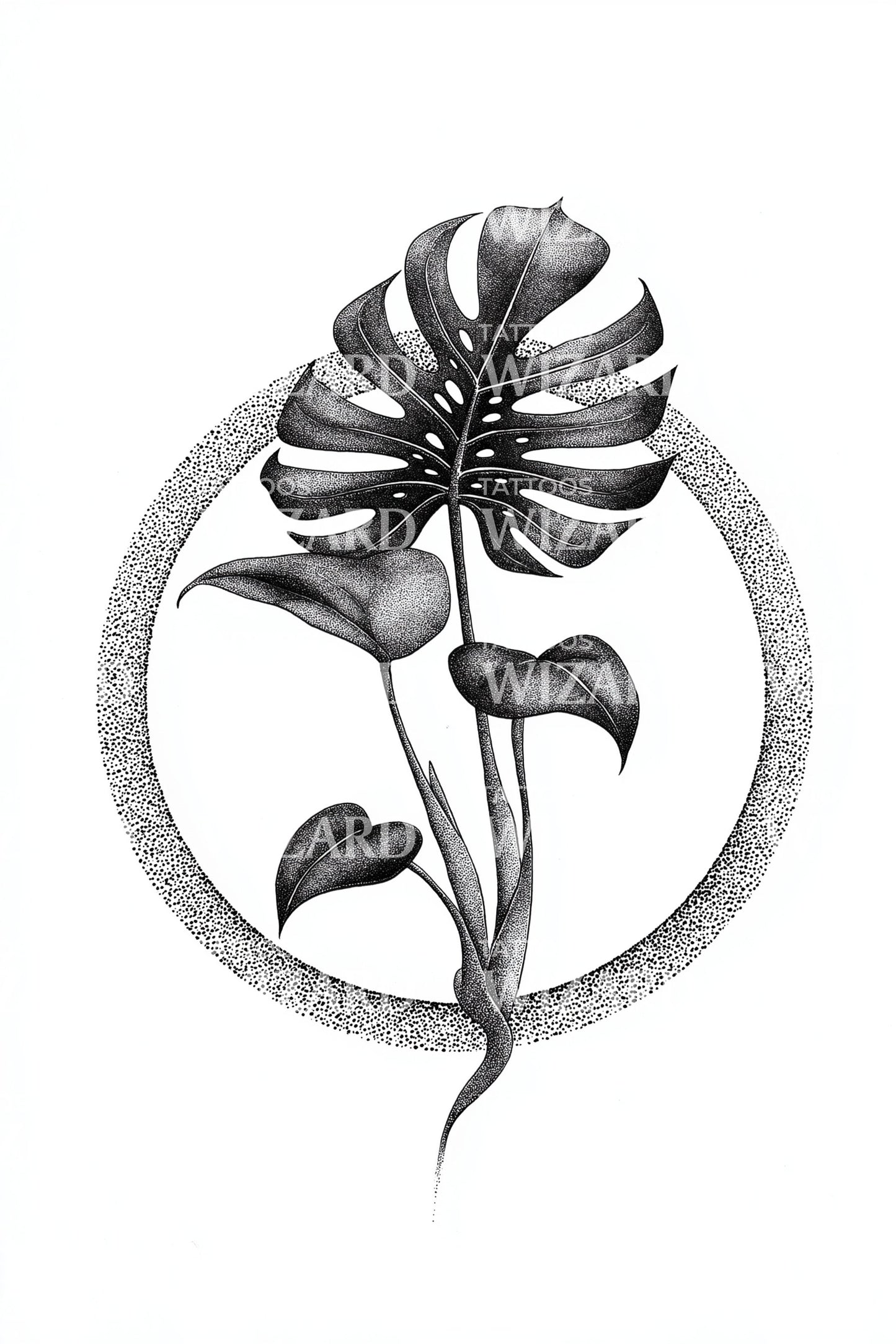 Monstera Dot Circle Tattoo Design