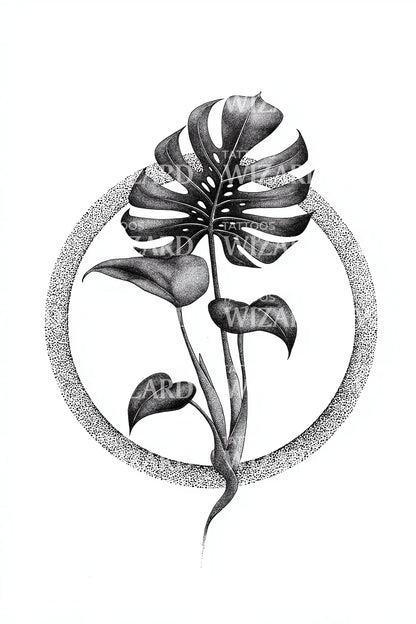 Monstera Dot Circle Tattoo Design