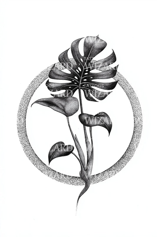 Monstera Dot Circle Tattoo Design