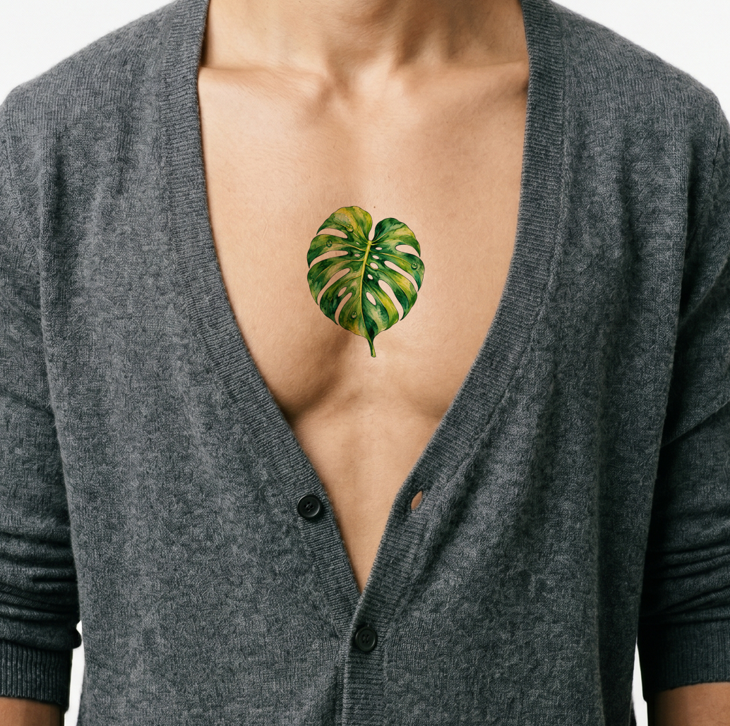 Tatouage aquarelle feuille de monstera avec gouttes d’eau