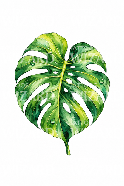 Tatouage aquarelle feuille de monstera avec gouttes d’eau
