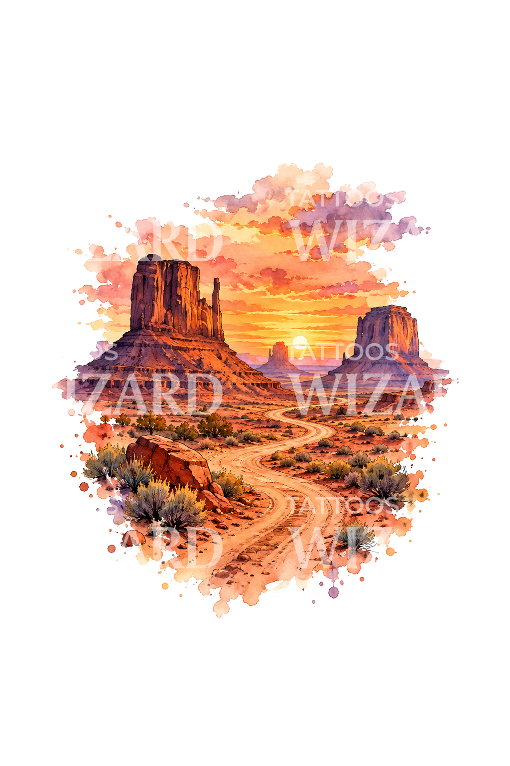 Monument Valley akvarel-tatovering ved solnedgang