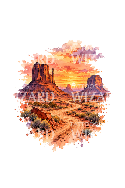 Monument Valley akvarel-tatovering ved solnedgang