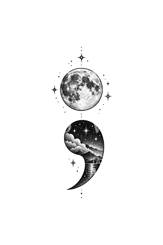 Moon and Night Sky Semicolon Dotwork Tattoo