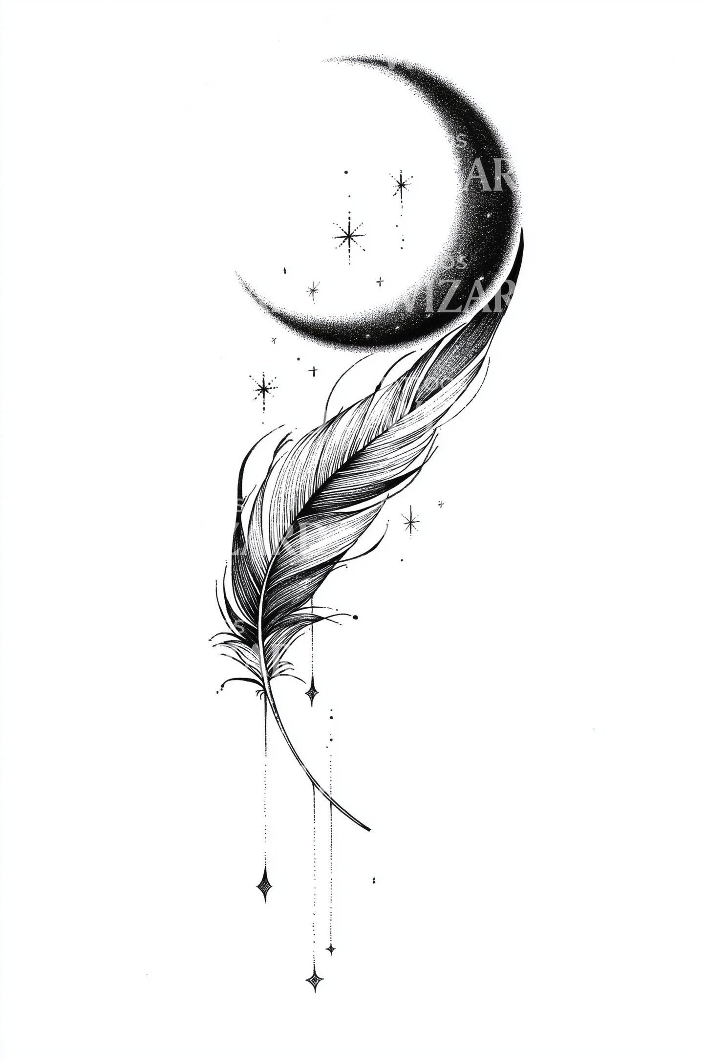 Moon Feather Drift Tattoo Design