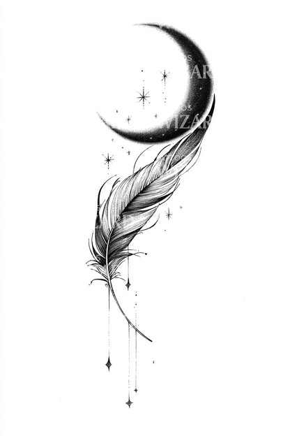 Moon Feather Drift Tattoo Design