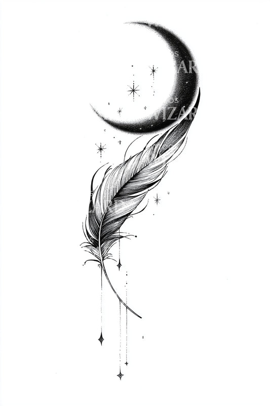 Moon Feather Drift Tattoo Design