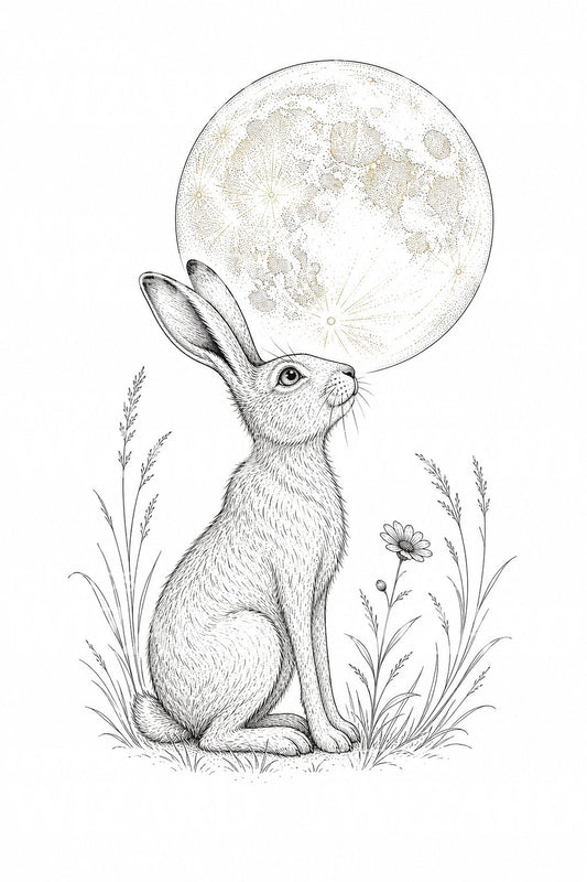 Diseño de tatuaje fine line de liebre mirando la luna