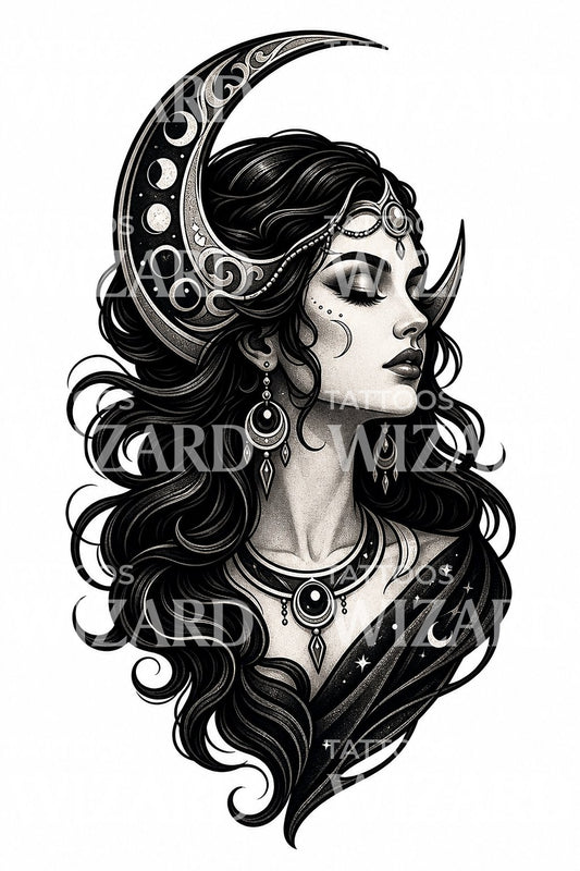 Moon Goddess Portrait Tattoo Design