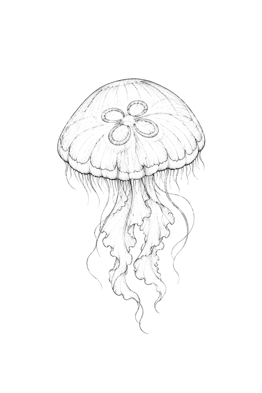 Tatuaggio fine line di medusa lunare con motivo a trifoglio