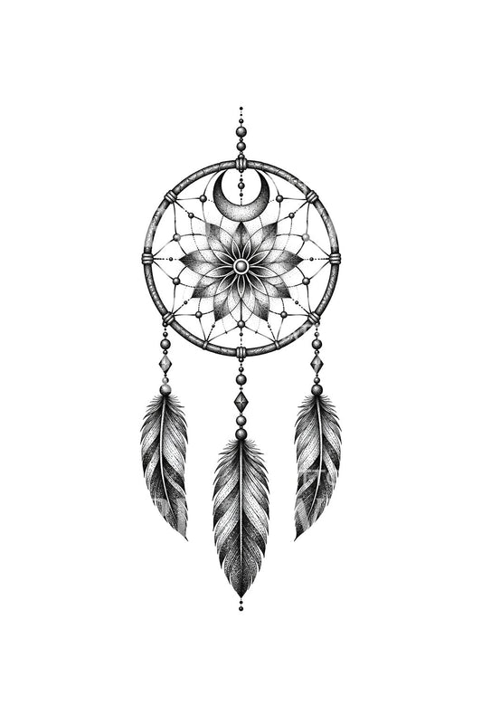 Design de tatuagem dotwork de mandala lunar e apanhador de sonhos