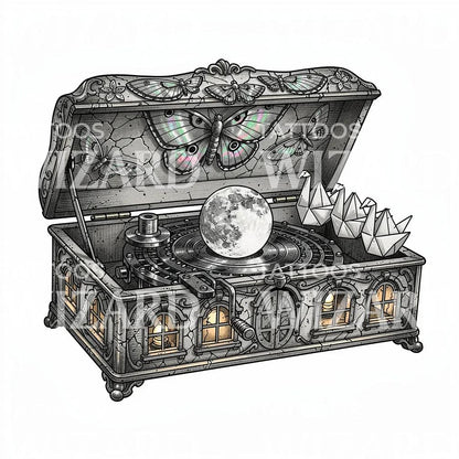 Moon Music Box Tattoo Design