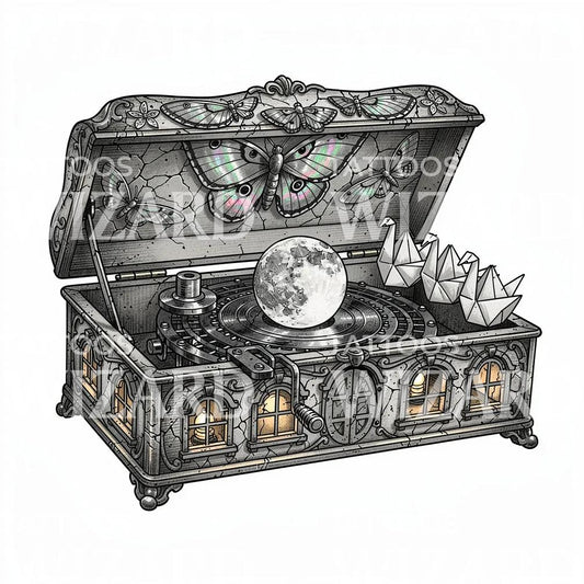Moon Music Box Tattoo Design
