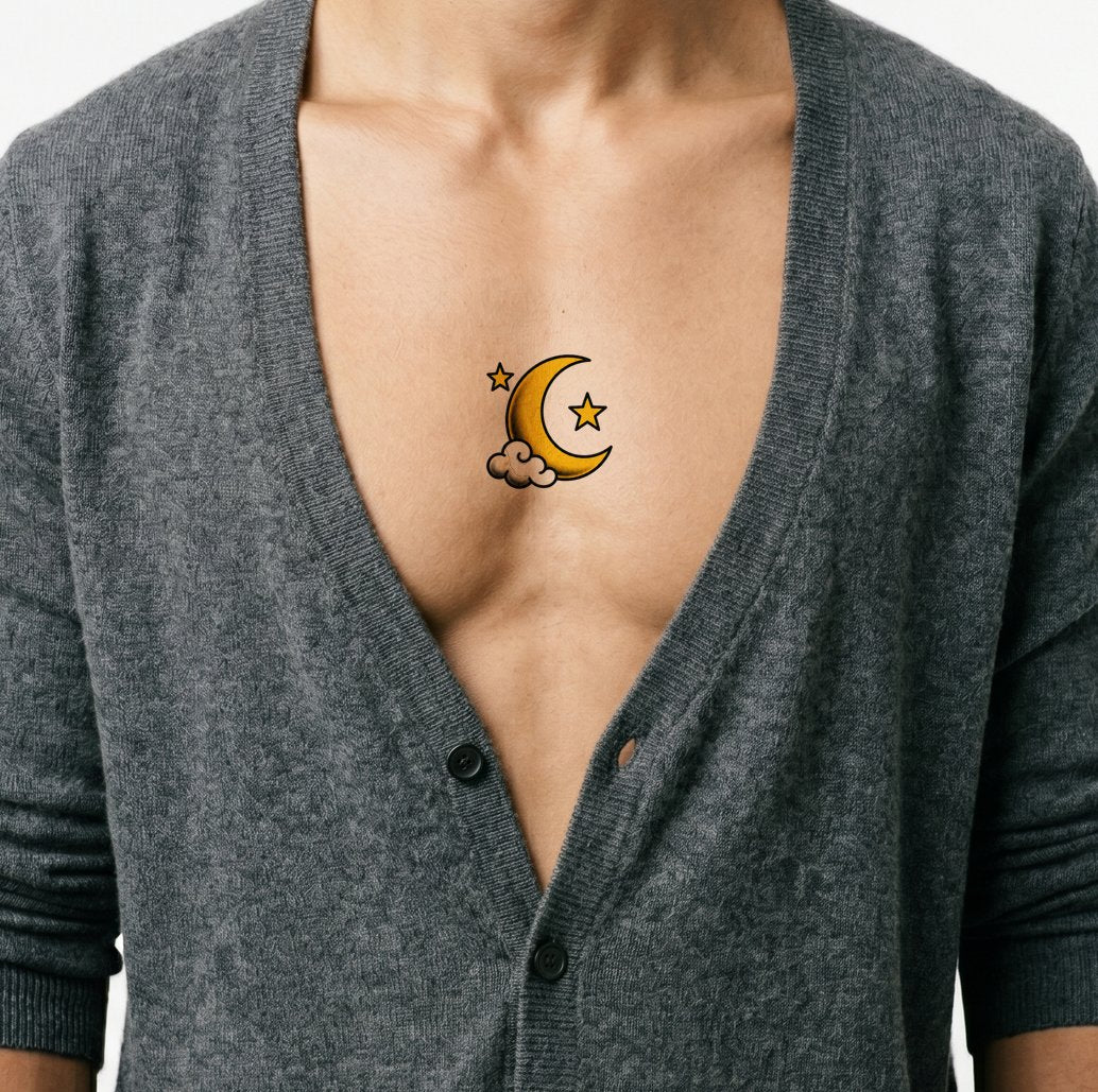 Idée de tatouage old school d’une lune dorée, d’étoiles jumelles et d’un nuage