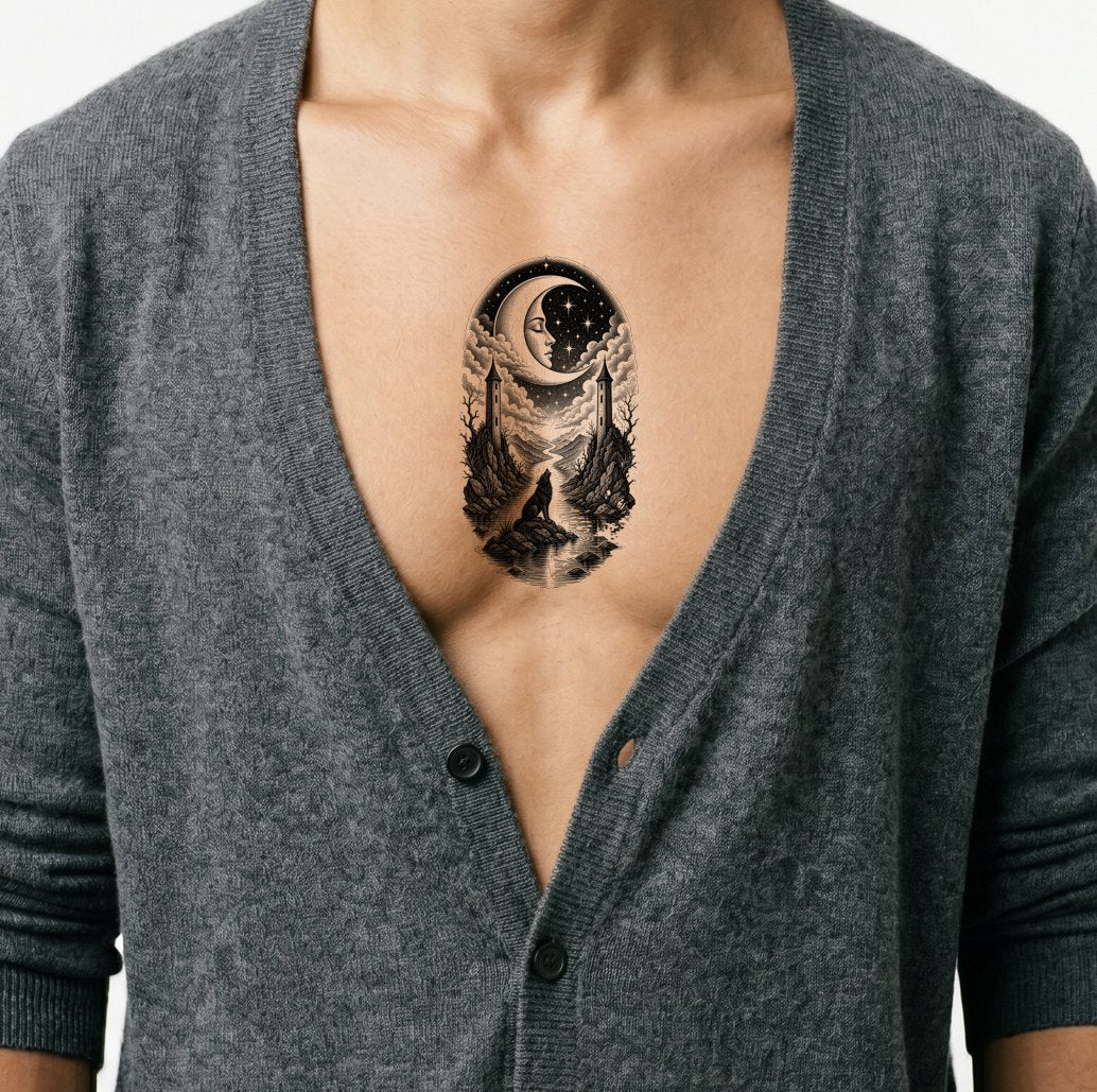 Ilustración de tatuaje Lobo Tarot de la Luna