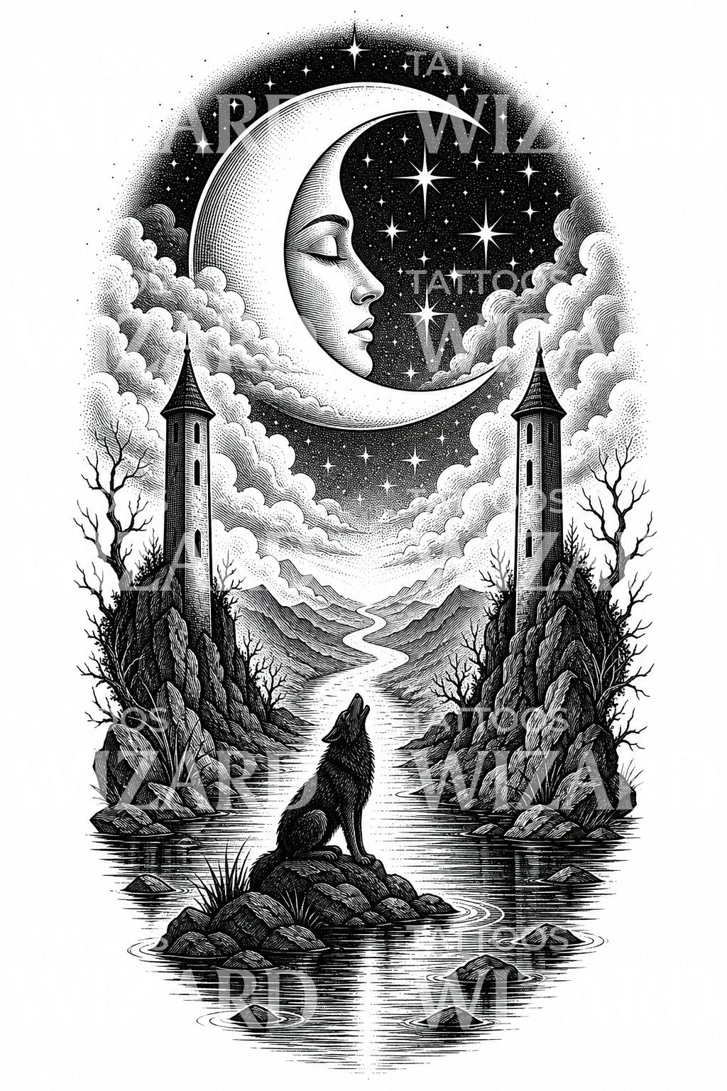 Ilustración de tatuaje Lobo Tarot de la Luna