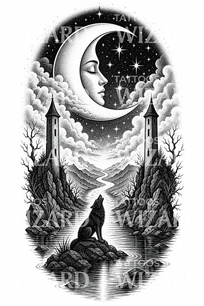 Ilustración de tatuaje Lobo Tarot de la Luna