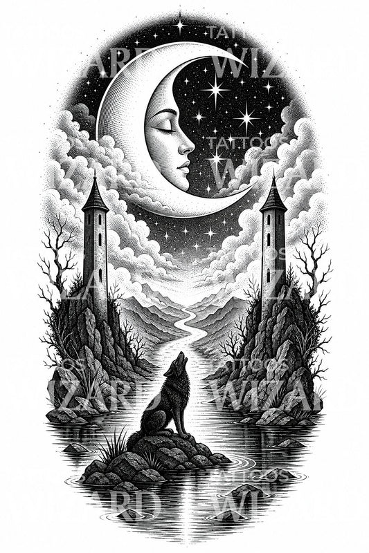 Ilustração de tatuagem Lobo Tarot da Lua