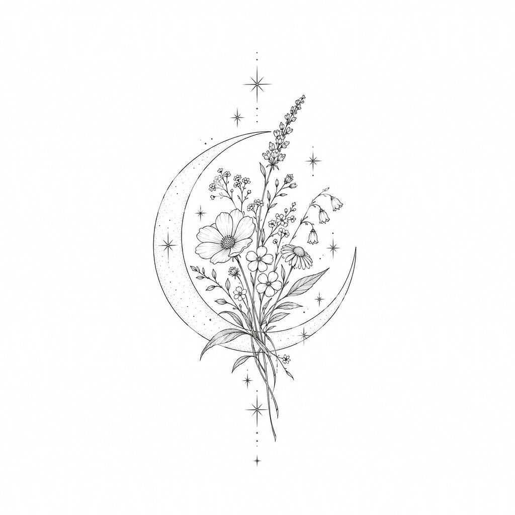 Moon Wildflower Bouquet Tattoo Design