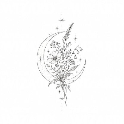Moon Wildflower Bouquet Tattoo Design