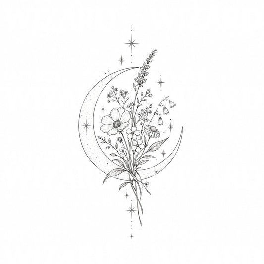 Moon Wildflower Bouquet Tattoo Design
