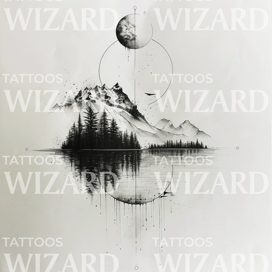 Clair de lune sur la conception de tatouage de lac de montagne