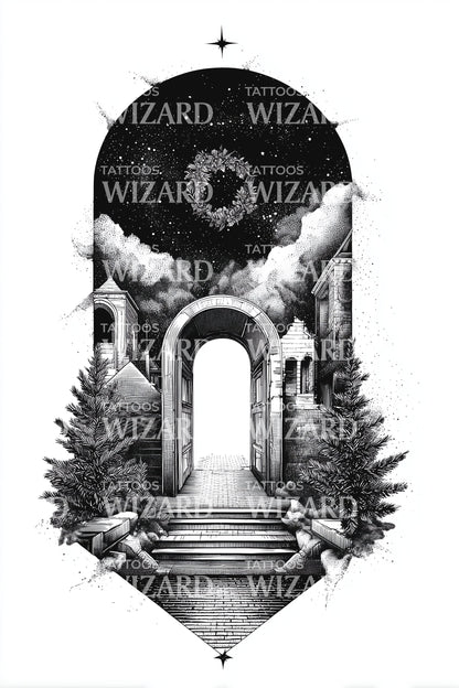 Moonlit Archway Portal Tattoo Design
