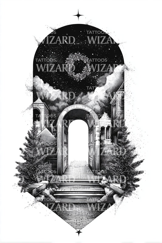 Moonlit Archway Portal Tattoo Design