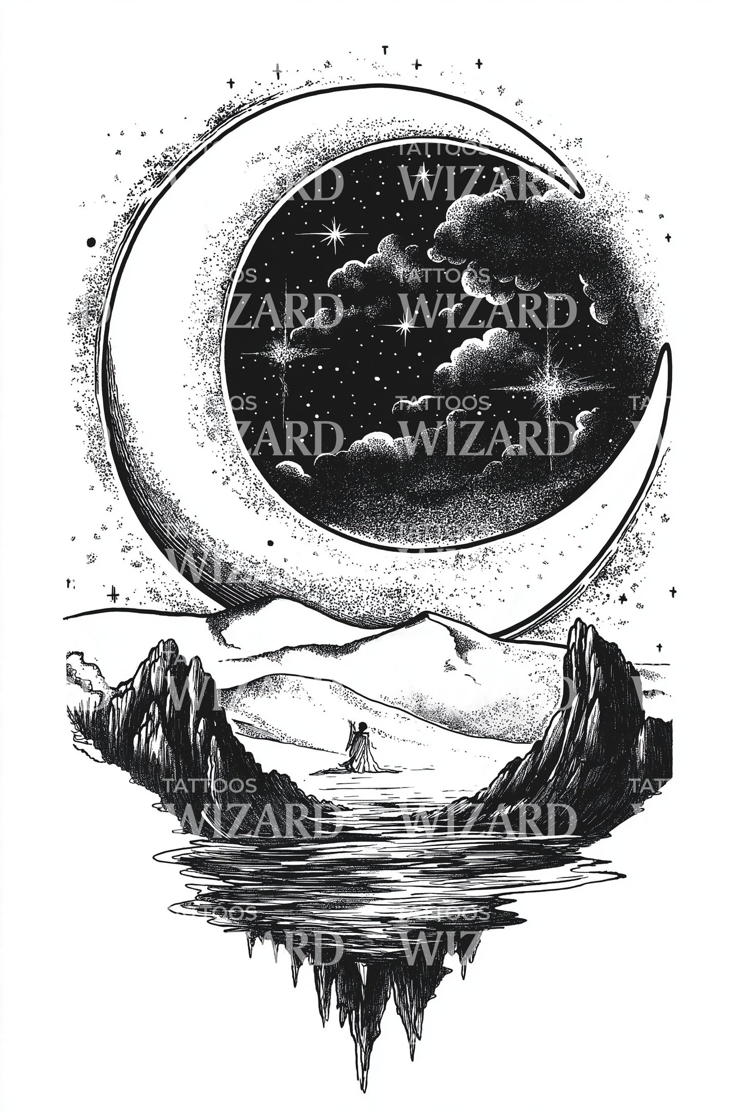 Moonlit Canyon Reflection Tattoo Illustration