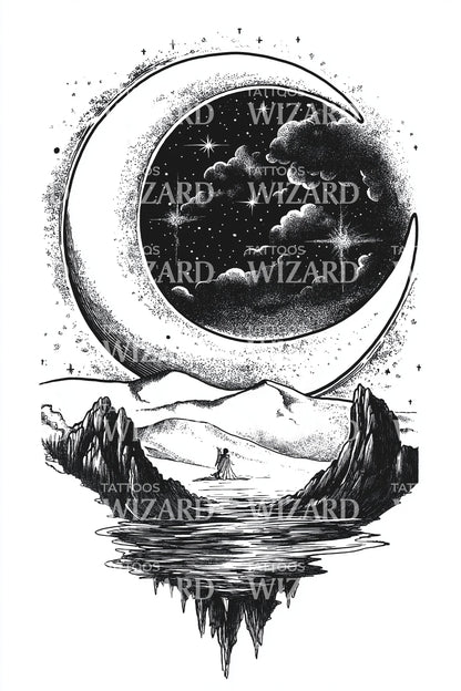 Moonlit Canyon Reflection Tattoo Illustration