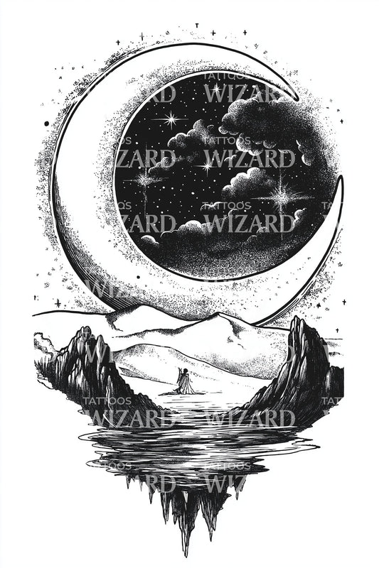 Moonlit Canyon Reflection Tattoo Illustration