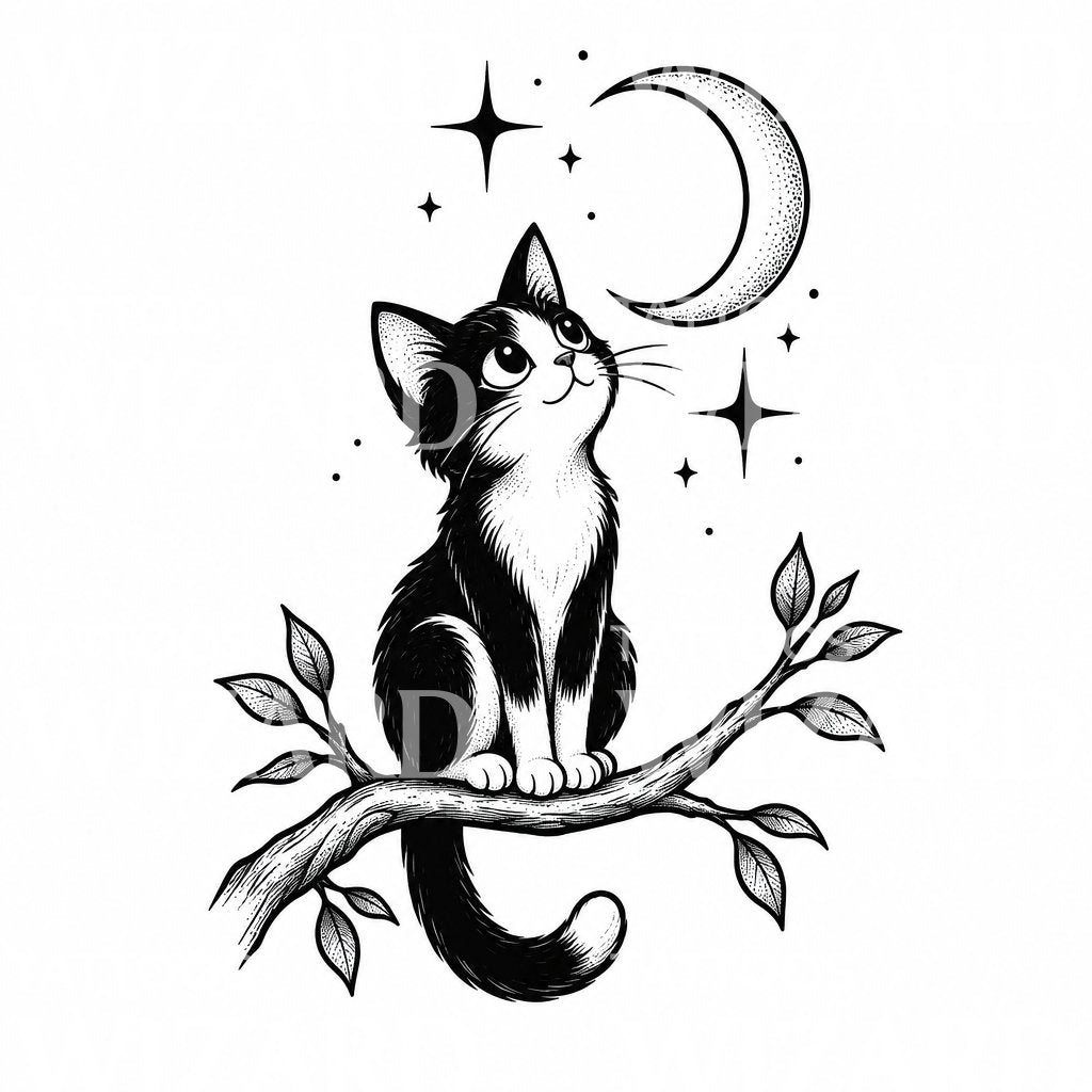 Moonlit Cat Tattoo Design