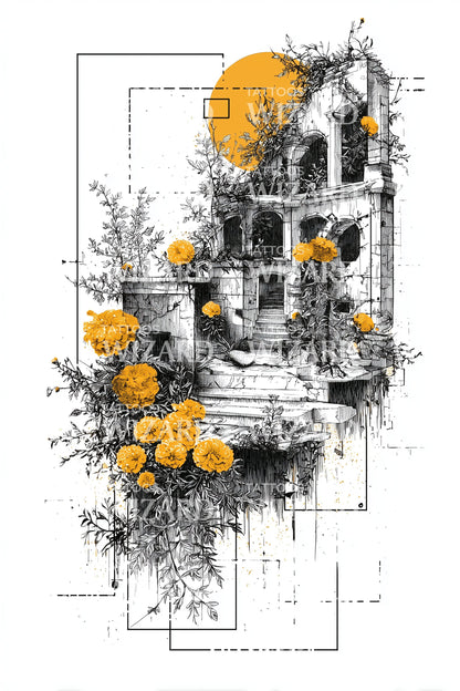 月光小屋花卉纹身设计