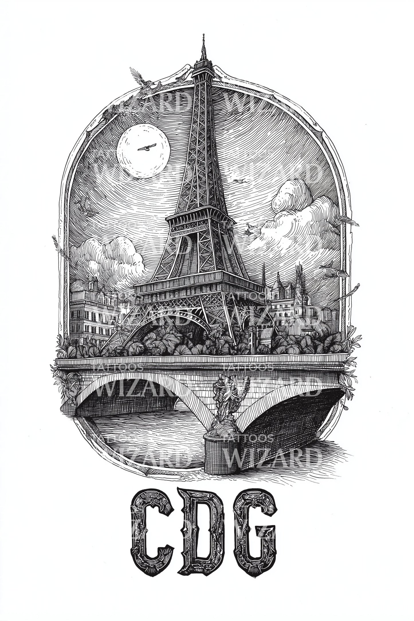 Moonlit Eiffel CDG Tattoo Idea