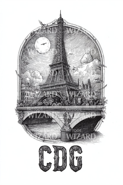 Moonlit Eiffel CDG Tattoo Idea