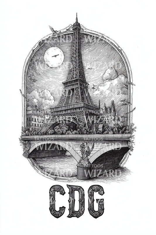 Moonlit Eiffel CDG Tattoo Idea