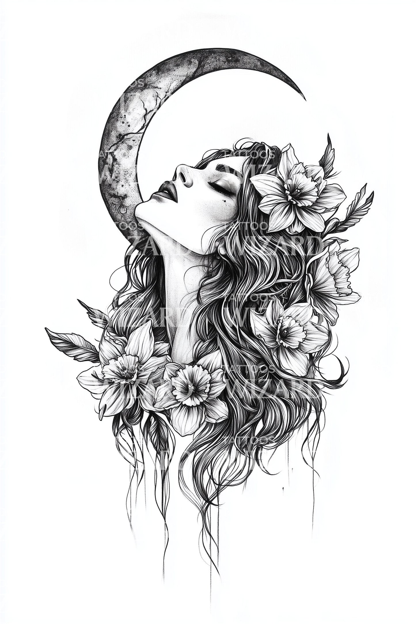 Moonlit Gaze Woman Tattoo Design
