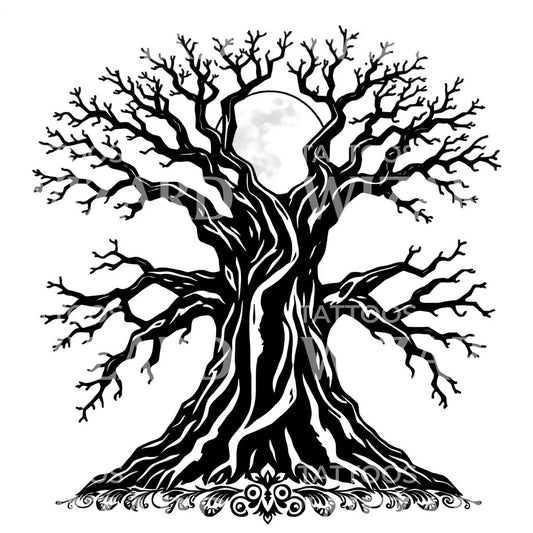 Moonlit Gnarled Tree Tattoo Design