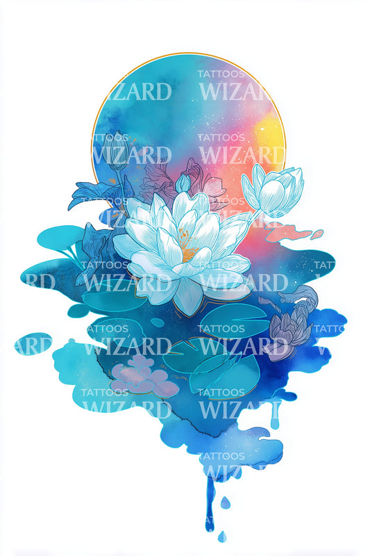 Moonlit Lotus Pond Tattoo Design