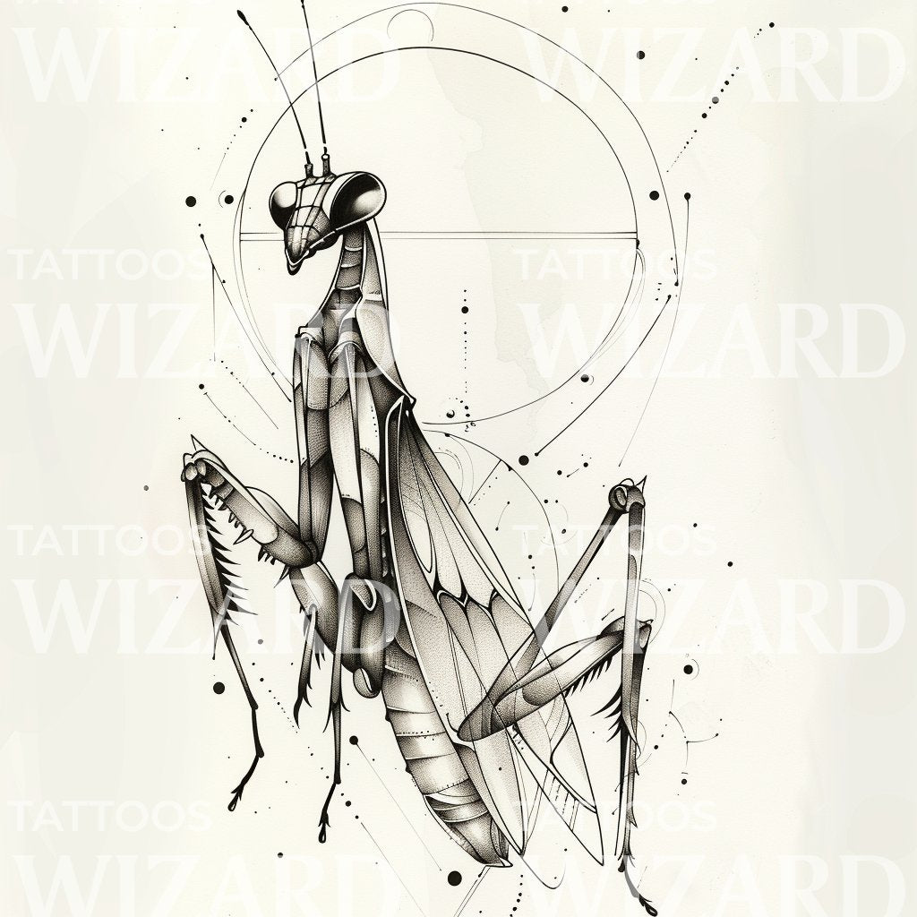 Moonlit Mantis Geometry Tattoo Illustration