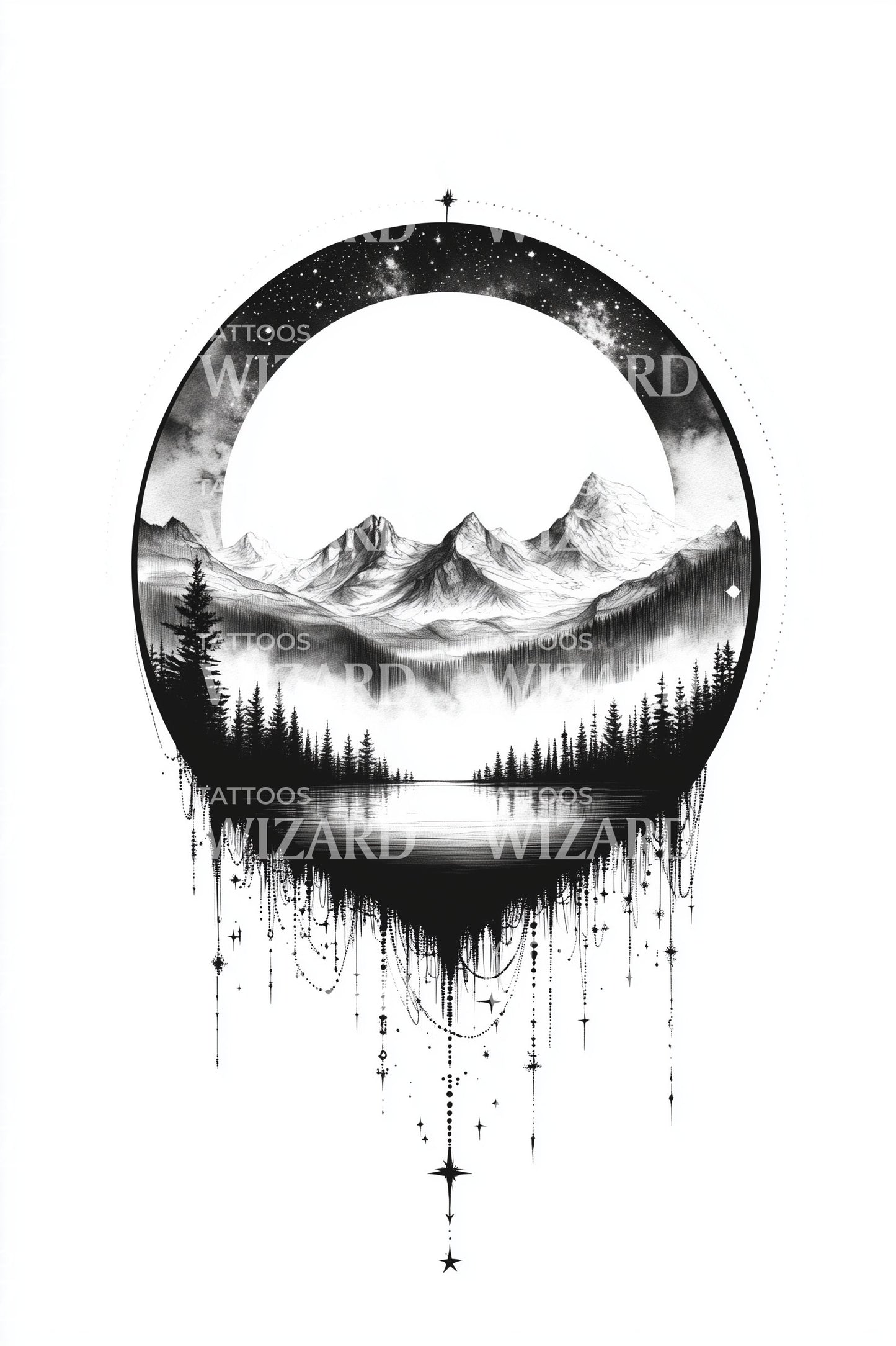 Moonlit Mountain Lake Tattoo Design