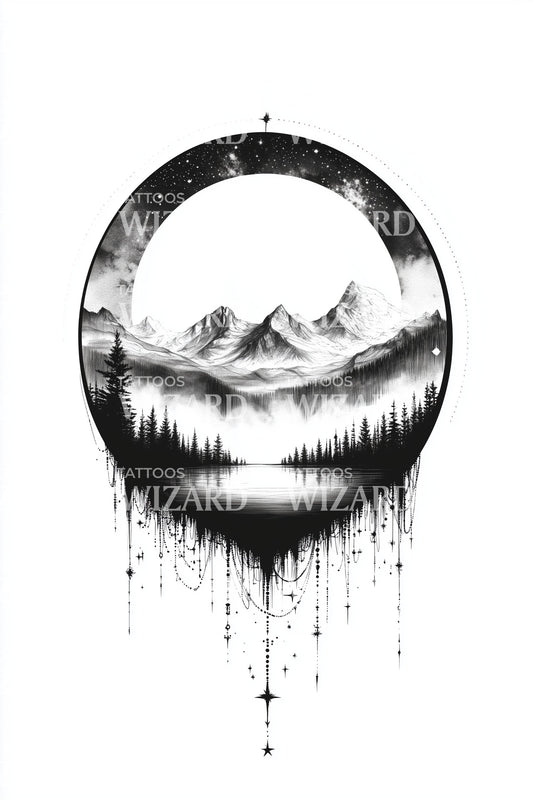 Moonlit Mountain Lake Tattoo Design