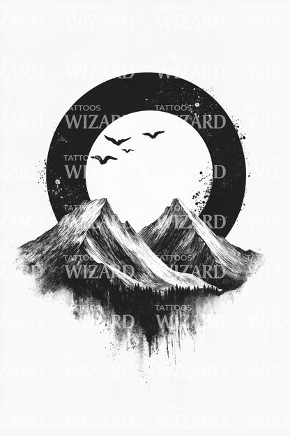 Moonlit Mountain Scene Tattoo Design