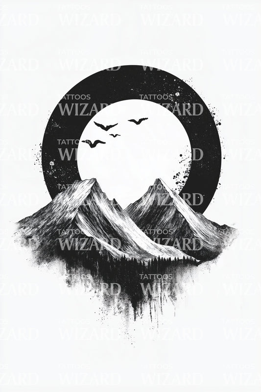 Moonlit Mountain Scene Tattoo Design