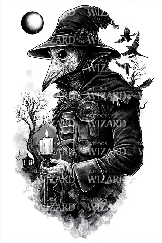 Moonlit Plague Doctor Tattoo Design