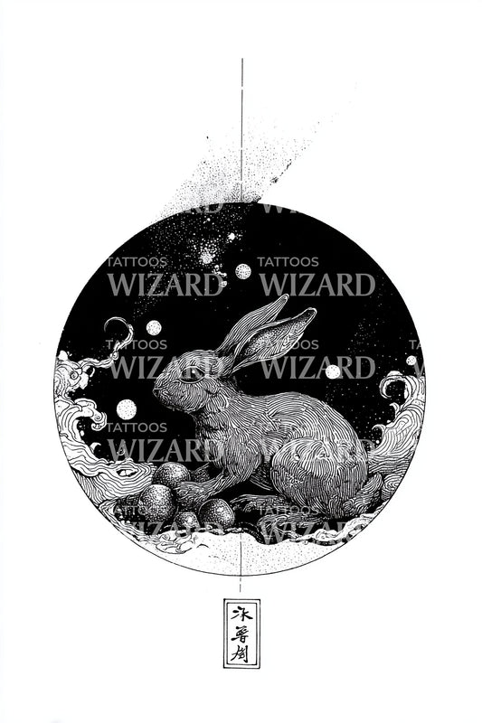 Design de tatouage cercle lapin au clair de lune